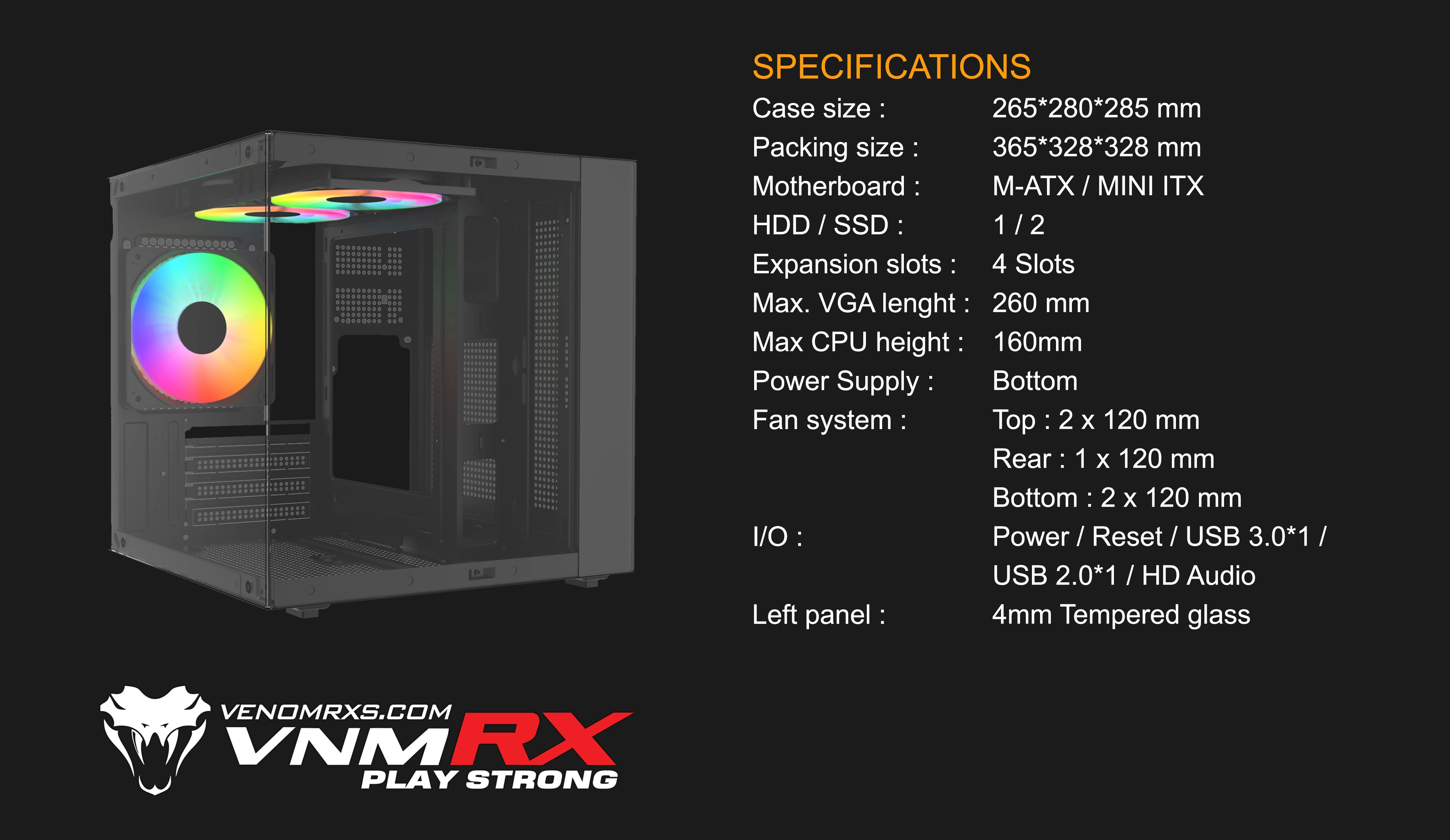 FOX ESPORT BLACK M-ATX CASE INCLUDE 3 FAN ARGB
