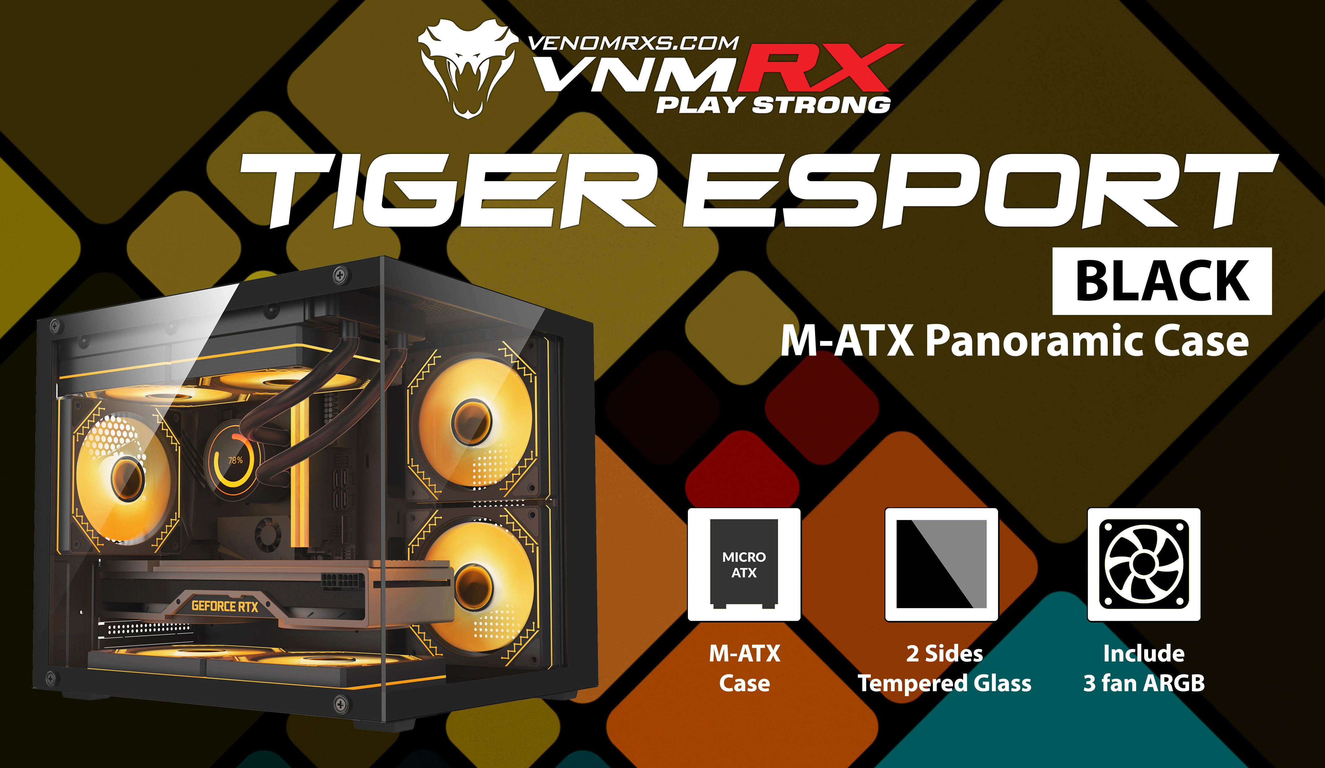 TIGER ESPORT BLACK M-ATX CASE INCLUDE 3 FAN ARGB