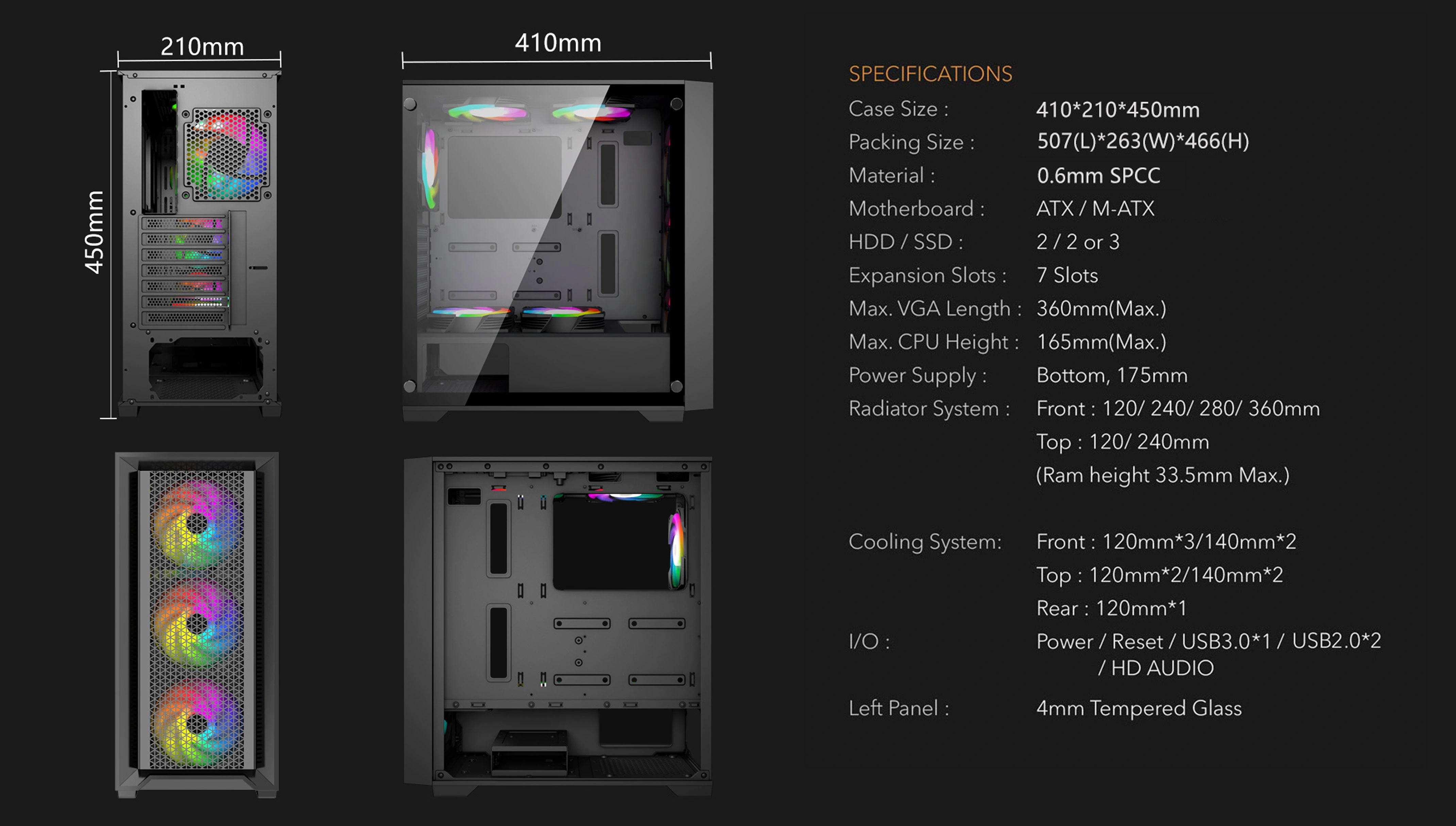 AEGON BLACK ATX CASE INCLUDE 4 FAN ARGB