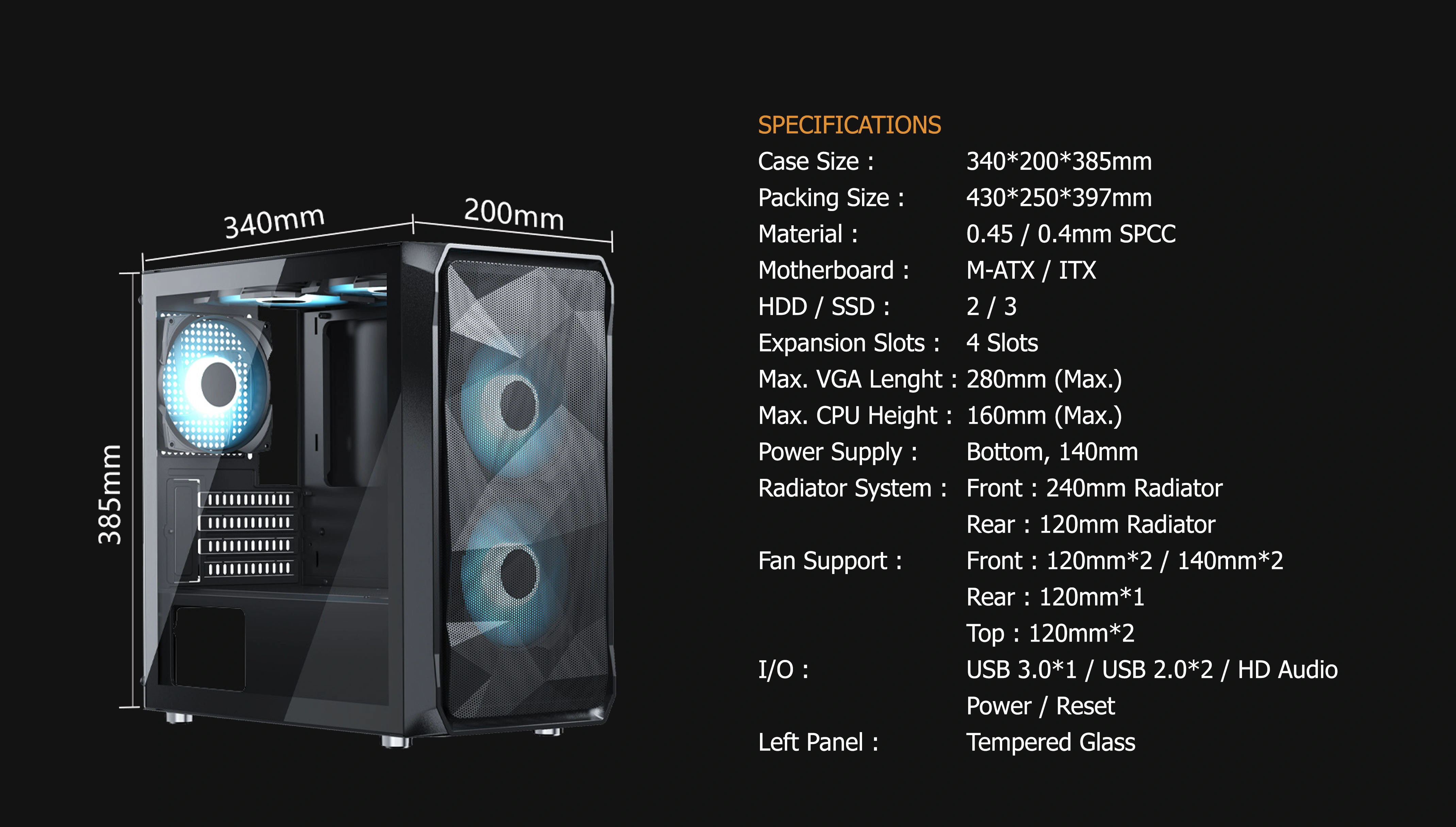 PRAVA BLACK M-ATX CASE INCLUDE 2 FAN ARGB