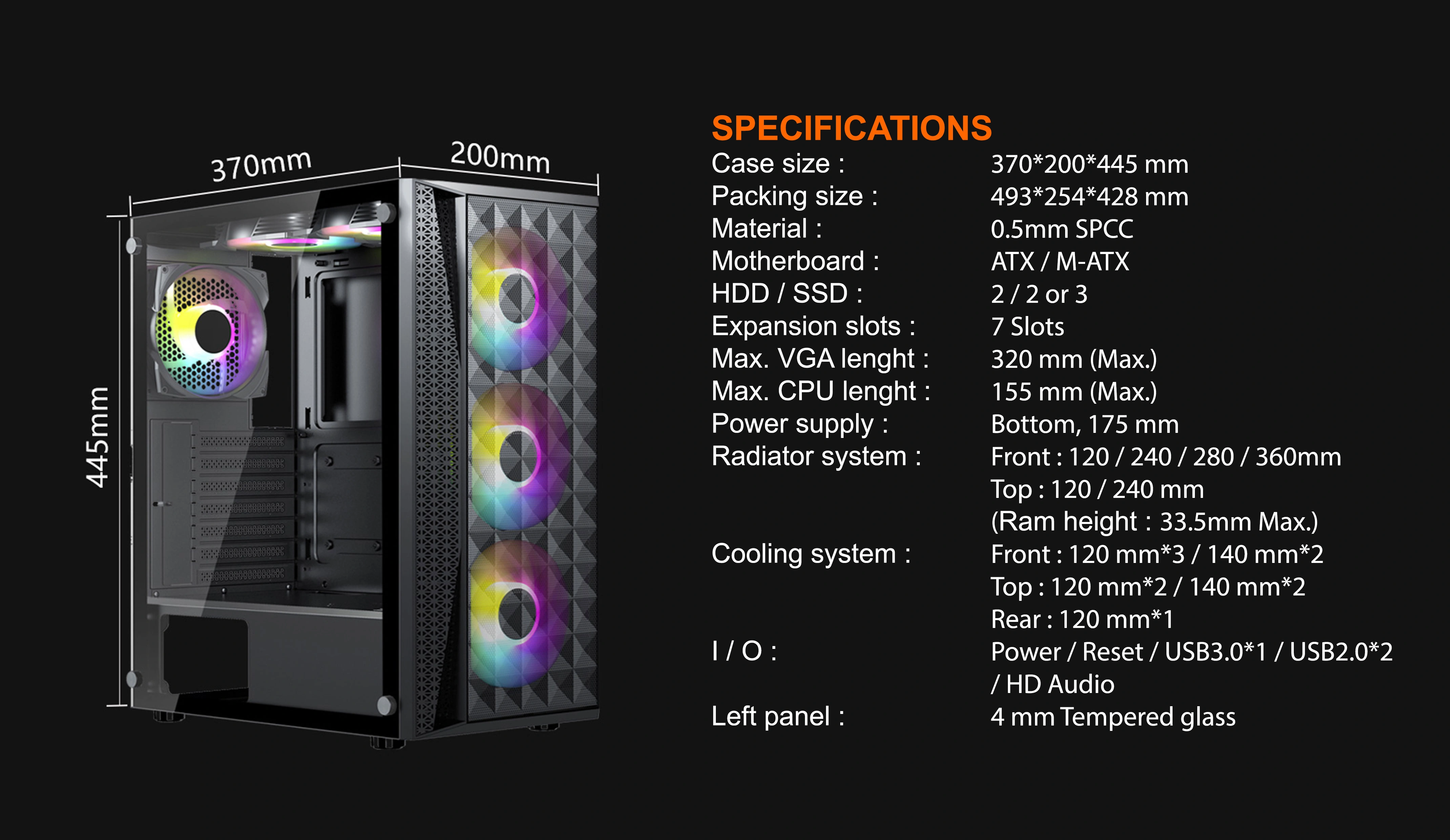 MYSTRA ATX CASE INCLUDE 4 FAN FIXED RGB